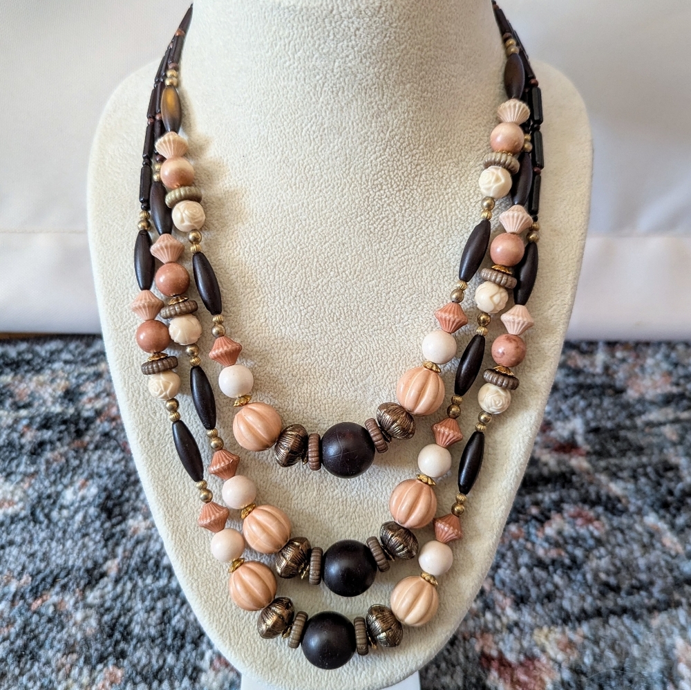 Vintage Multi Strand Beaded Chunky Necklace Brown Tan Cream Gold Tribal Bohemian